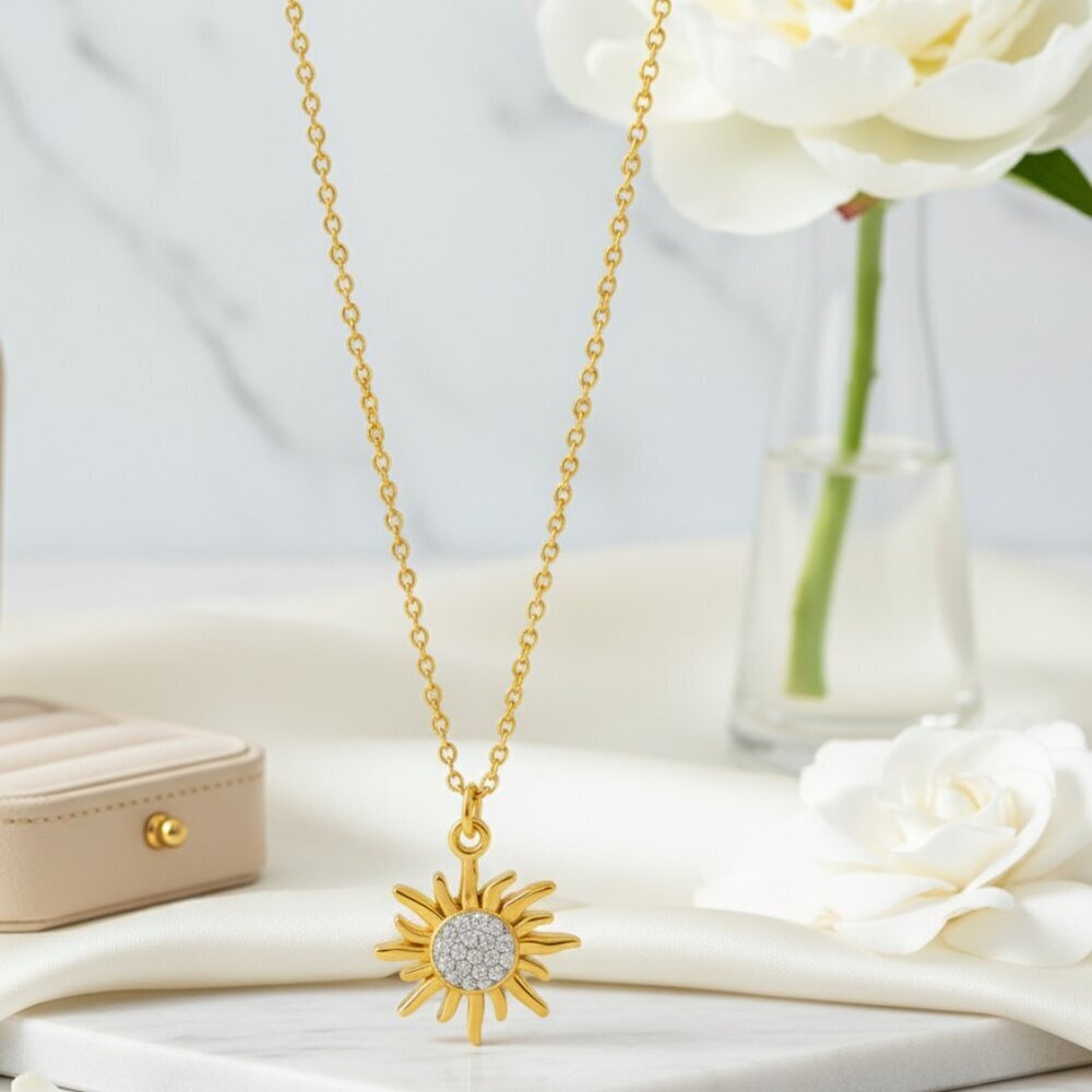 Dainty Sunburst Pendant 18K Gold Plated Stainless Steel CZ Celestial Necklace - Picture 8 of 10